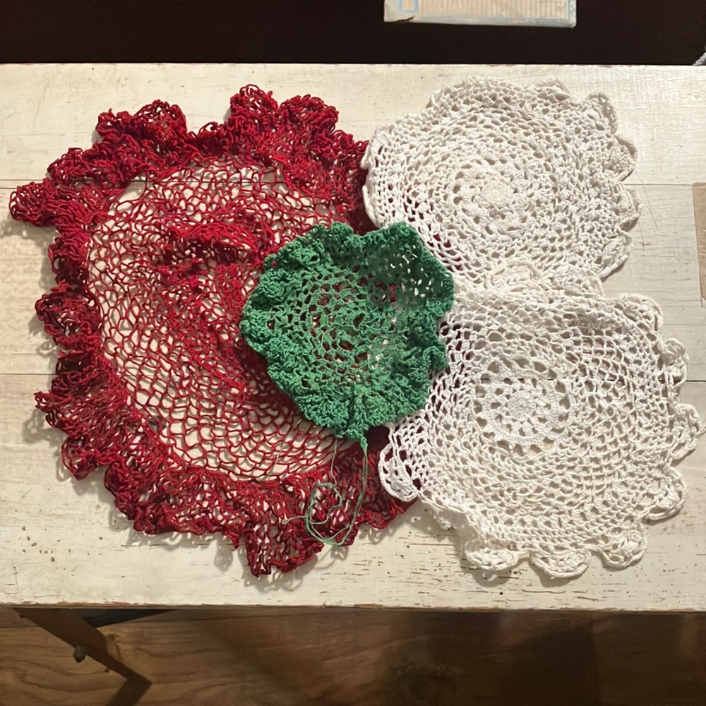 Set of 4 Handmade Crochet Doilies Christmas Colors